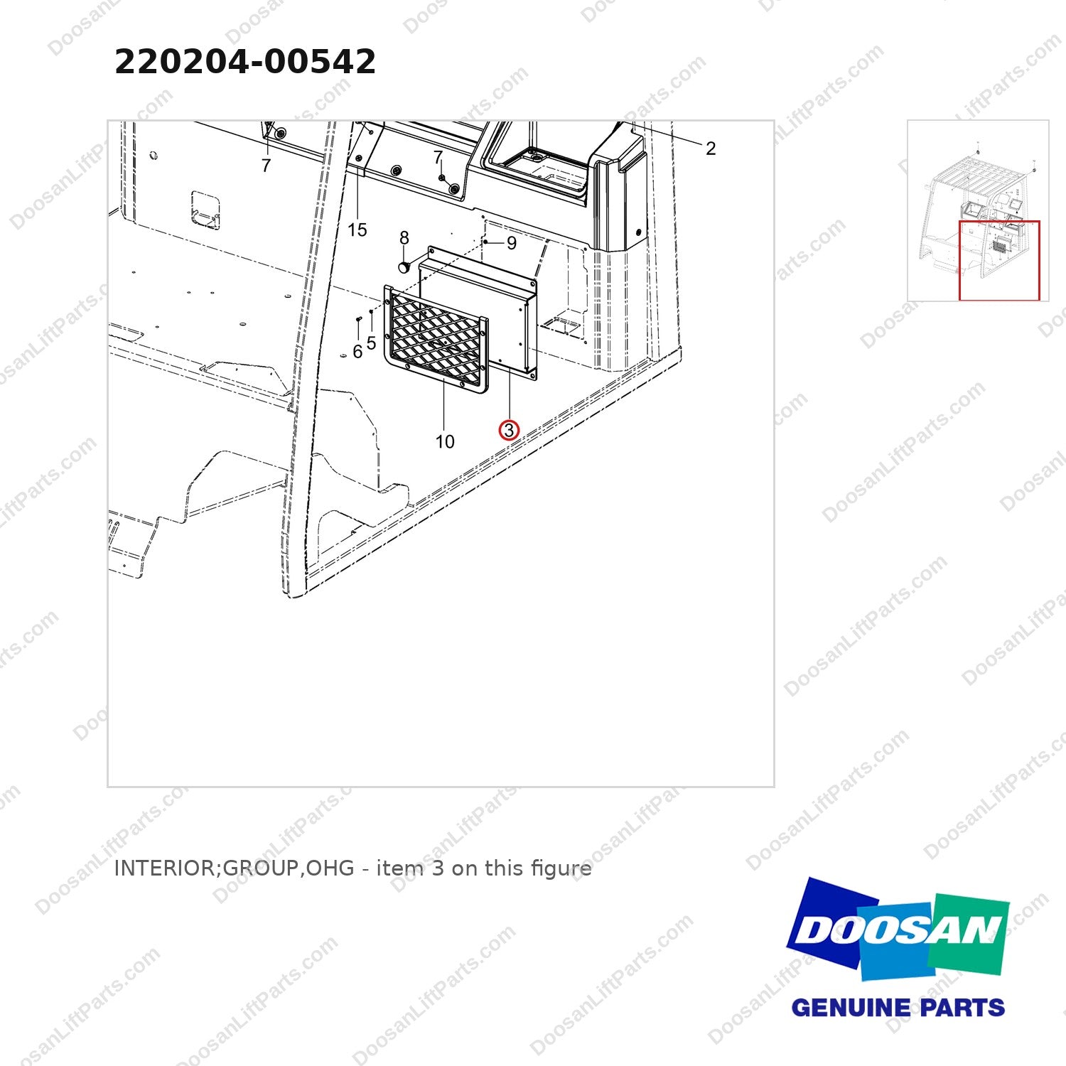 220204-00542 INTERIOR;GROUP,OHG - parts diagram, item 3 shown - genuine Doosan / Bobcat forklift part