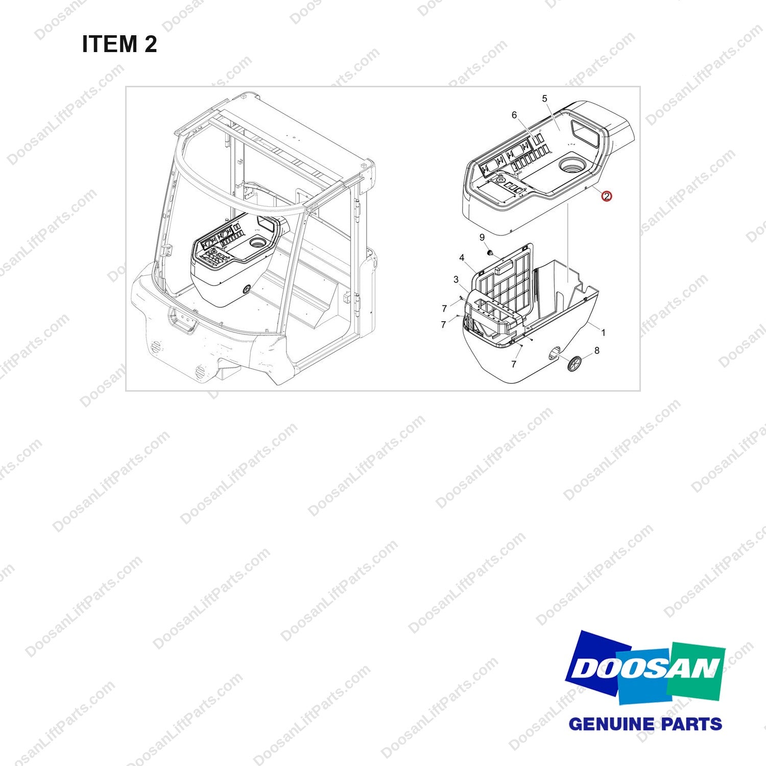220204-01133 COVER GROUP;PILOT BOX,D70 - full parts diagram, item 2 marked - genuine Doosan / Bobcat forklift part