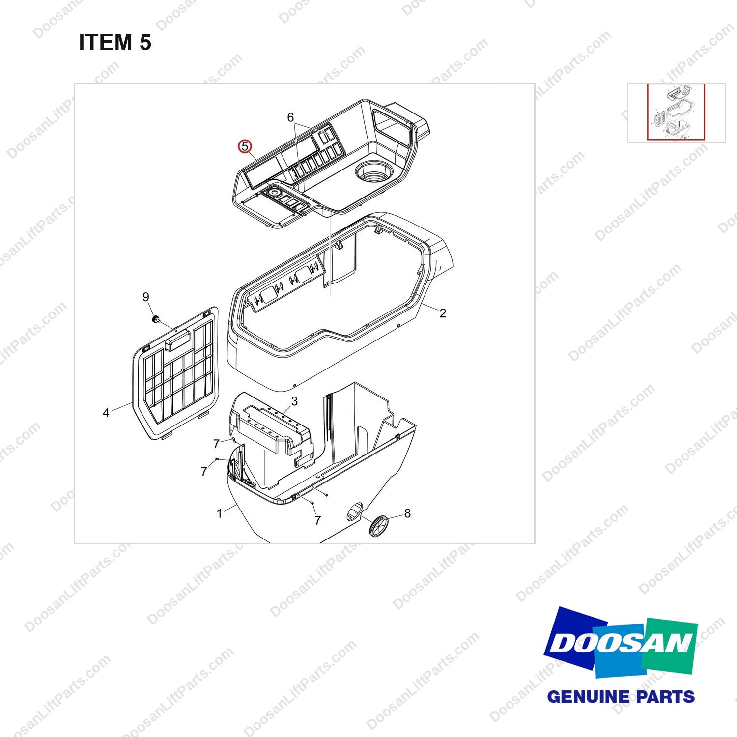 220204-01145 COVER GROUP;PILOT BOX,D160 - parts diagram, item 5 shown - genuine Doosan / Bobcat forklift part