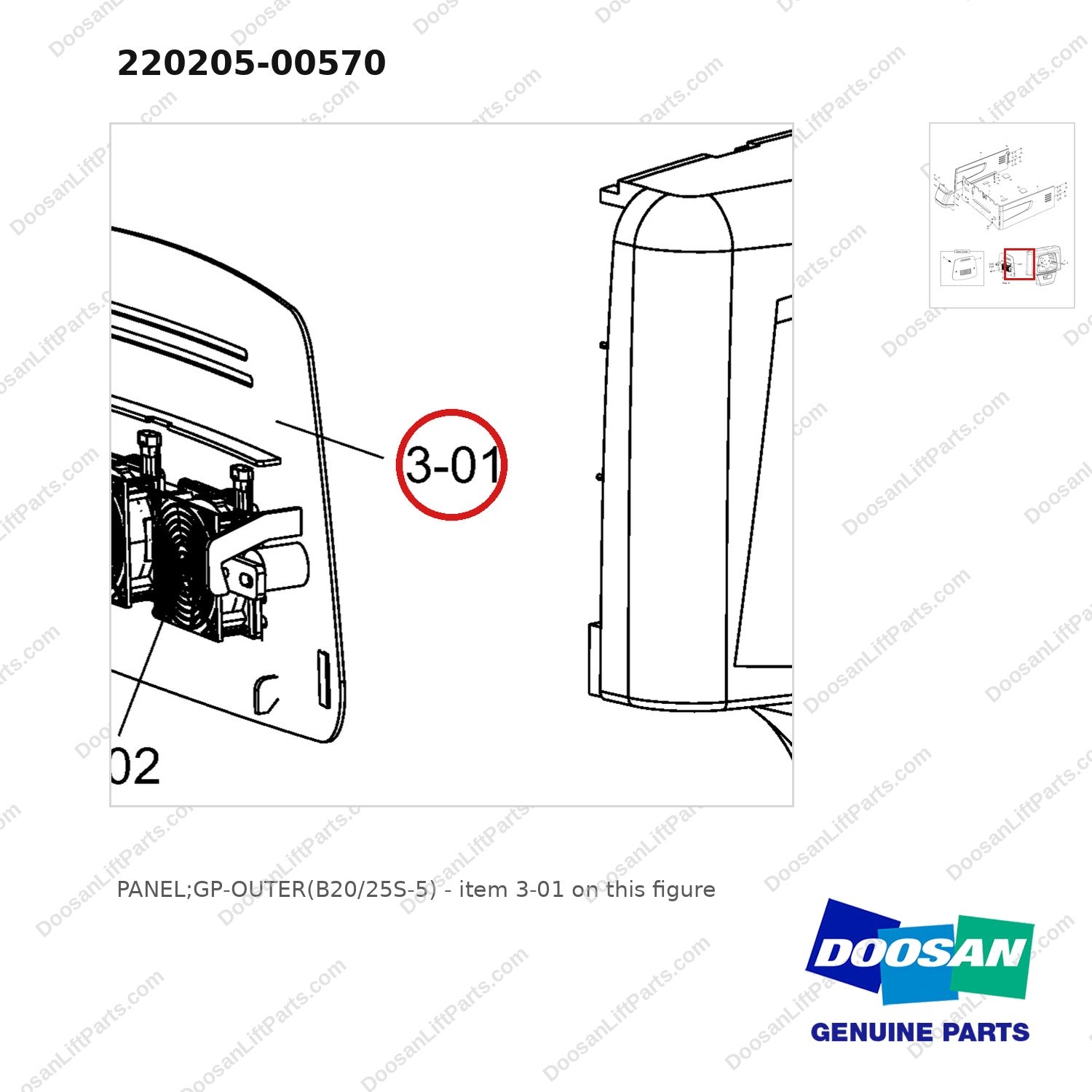 220205-00570 PANEL;GP-OUTER(B20/25S-5) - parts diagram, item 3-01 shown - genuine Doosan / Bobcat forklift part