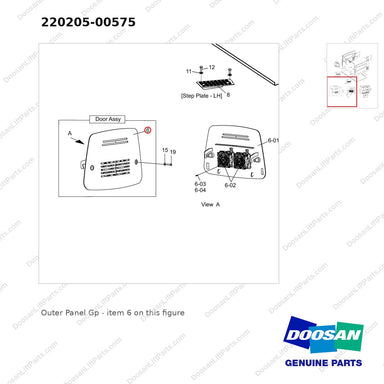 220205-00575 Outer Panel Gp - parts diagram, item 6 shown - genuine Doosan / Bobcat forklift part