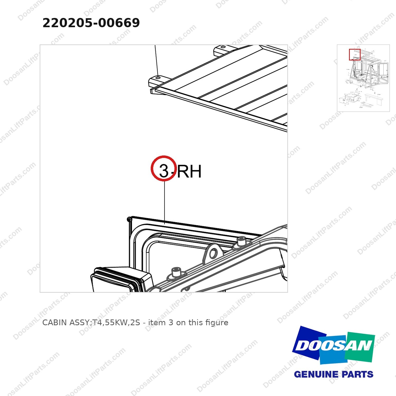 220205-00669 CABIN ASSY;T4,55KW,2S - parts diagram, item 3 shown - genuine Doosan / Bobcat forklift part