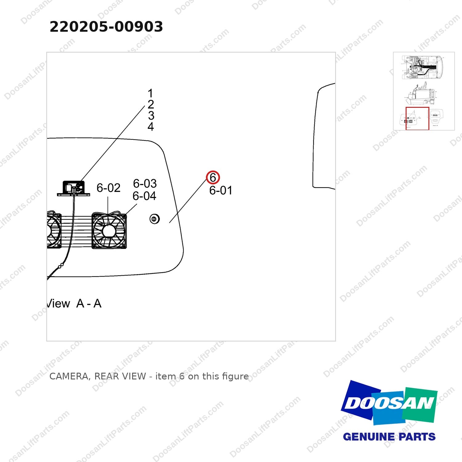 220205-00903 CAMERA, REAR VIEW - parts diagram, item 6 shown - genuine Doosan / Bobcat forklift part