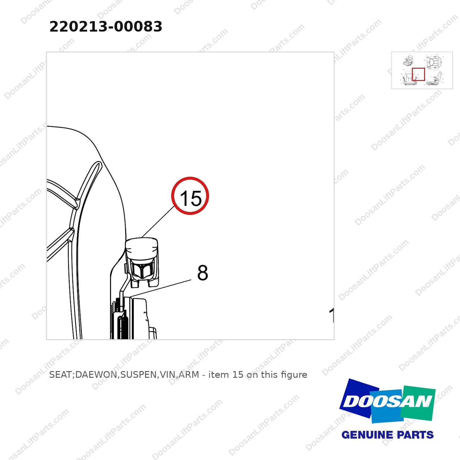 220213-00083 SEAT;DAEWON,SUSPEN,VIN,ARM - parts diagram, item 15 shown - genuine Doosan / Bobcat forklift part