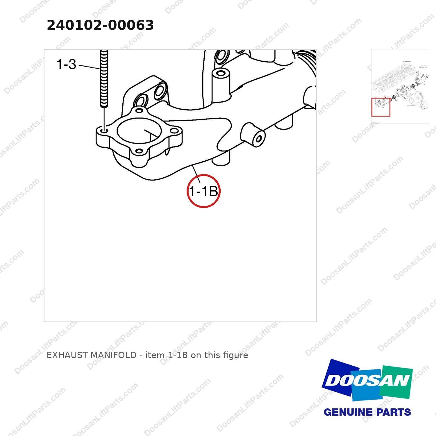 240102-00063 EXHAUST MANIFOLD - parts diagram, item 1-1B shown - genuine Doosan / Bobcat forklift part