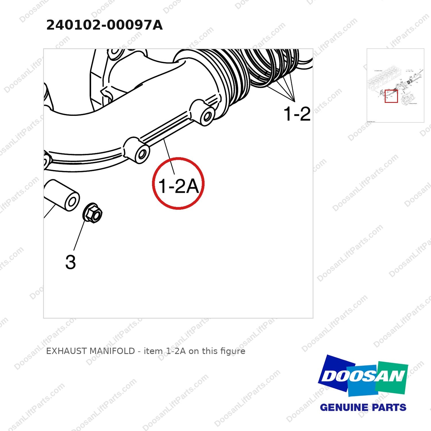240102-00097A EXHAUST MANIFOLD - parts diagram, item 1-2A shown - genuine Doosan / Bobcat forklift part