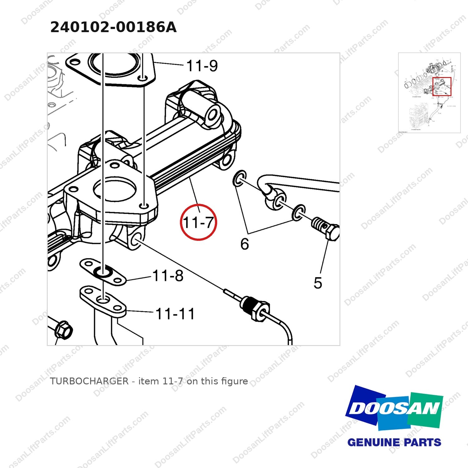 240102-00186A TURBOCHARGER - parts diagram, item 11-7 shown - genuine Doosan / Bobcat forklift part