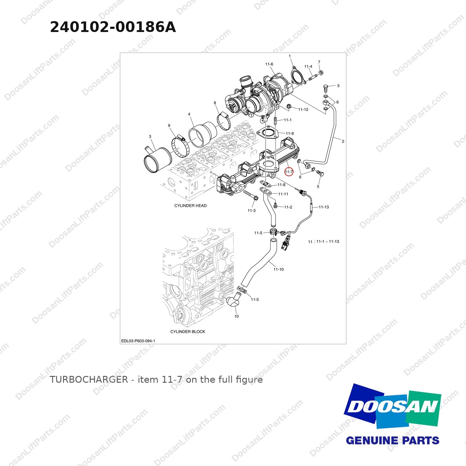 240102-00186A TURBOCHARGER - full parts diagram, item 11-7 marked - genuine Doosan / Bobcat forklift part