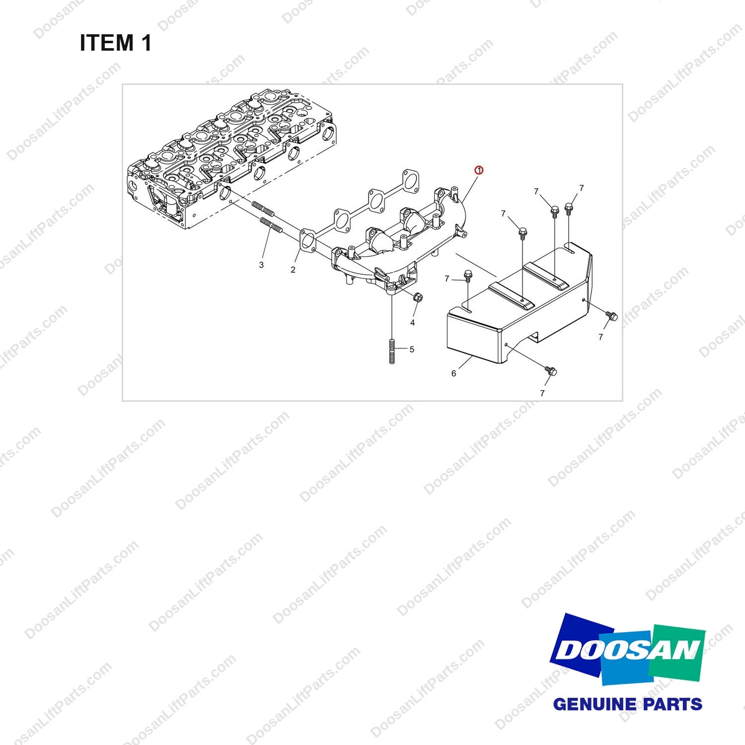 240102-00806 EXHAUST MANIFOLD GP - full parts diagram, item 1 marked - genuine Doosan / Bobcat forklift part
