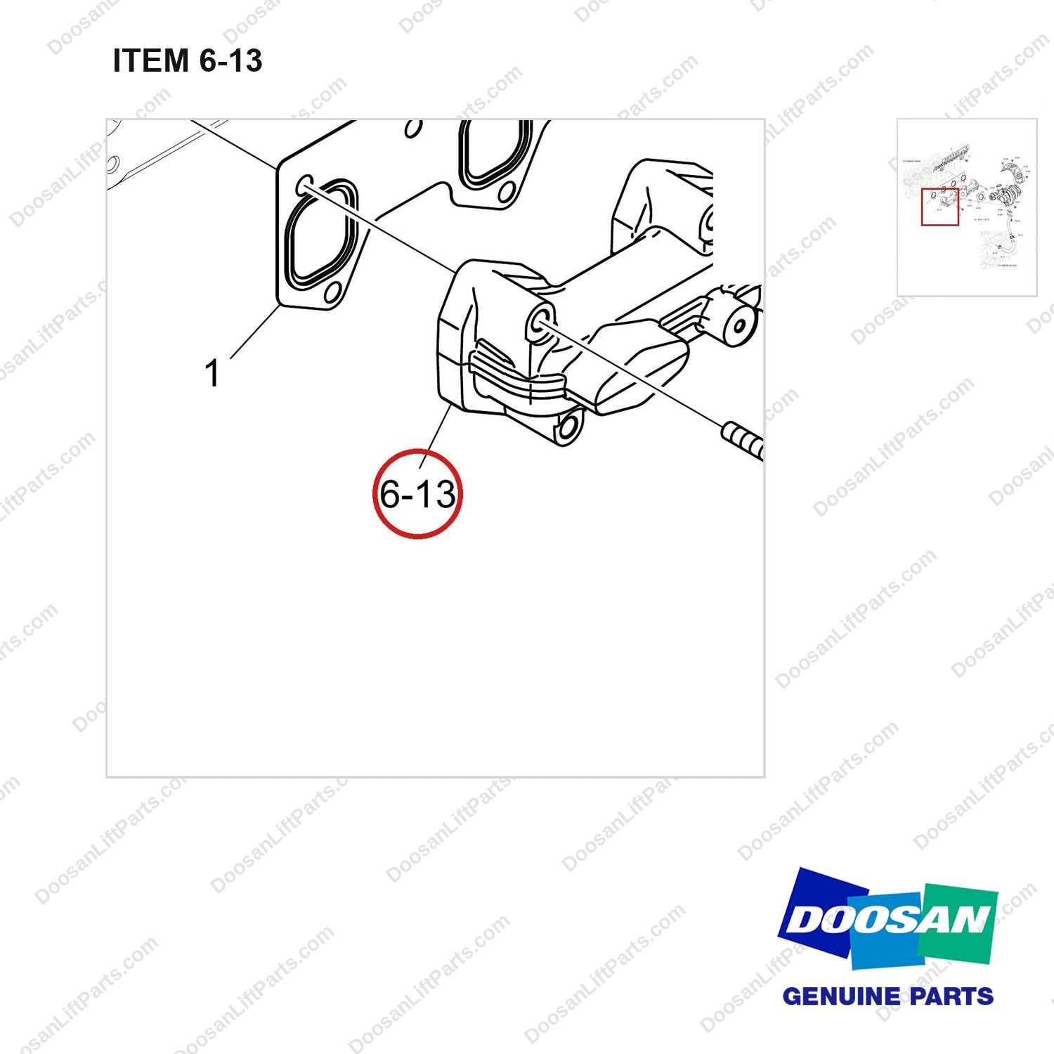 240102-00955 MANIFOLD ASSY,EXHAUST;DN03,7/9TON,81KW - parts diagram, item 6-13 shown - genuine Doosan / Bobcat forklift part