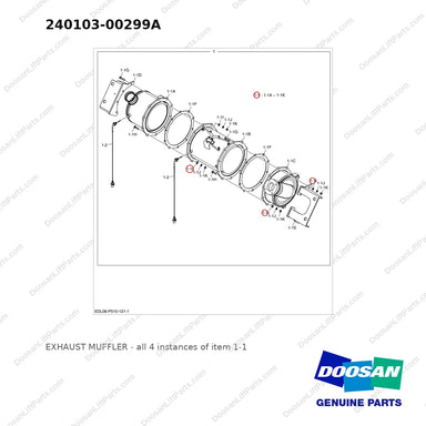 240103-00299A EXHAUST MUFFLER - full parts diagram, item 1-1 marked - genuine Doosan / Bobcat forklift part
