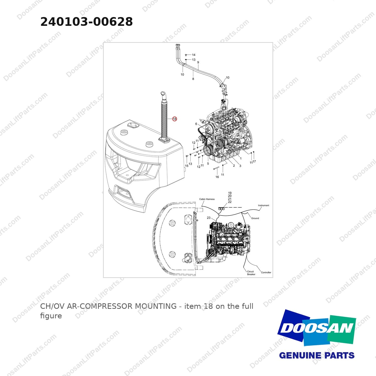 240103-00628 CH/OV AR-COMPRESSOR MOUNTING - full parts diagram, item 18 marked - genuine Doosan / Bobcat forklift part