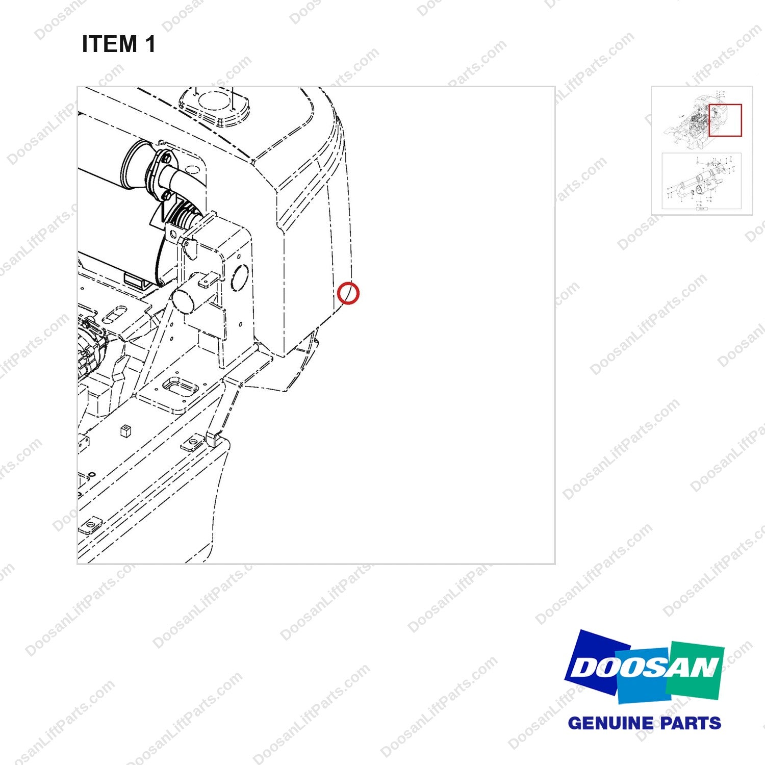 240103-01006 MUFFLER GROUP;T3 LP,GCT - parts diagram, item 1 shown - genuine Doosan / Bobcat forklift part