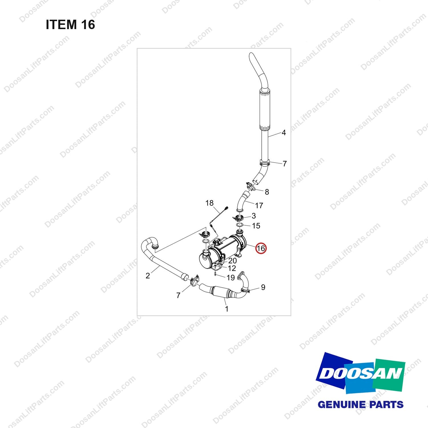 240103-01775B EXHAUST GP;55KW,STAGE V - full parts diagram, item 16 marked - genuine Doosan / Bobcat forklift part