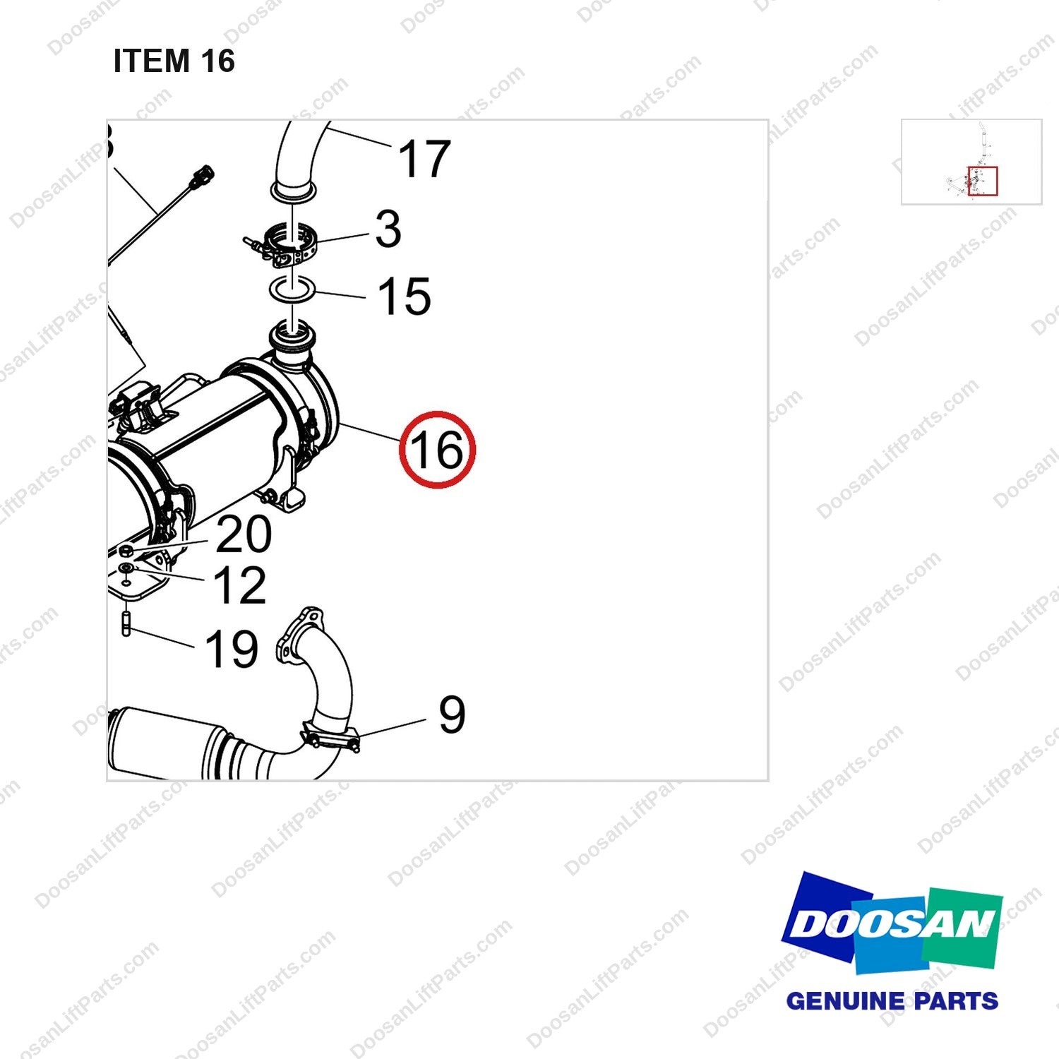 240103-01775B EXHAUST GP;55KW,STAGE V - parts diagram, item 16 shown - genuine Doosan / Bobcat forklift part