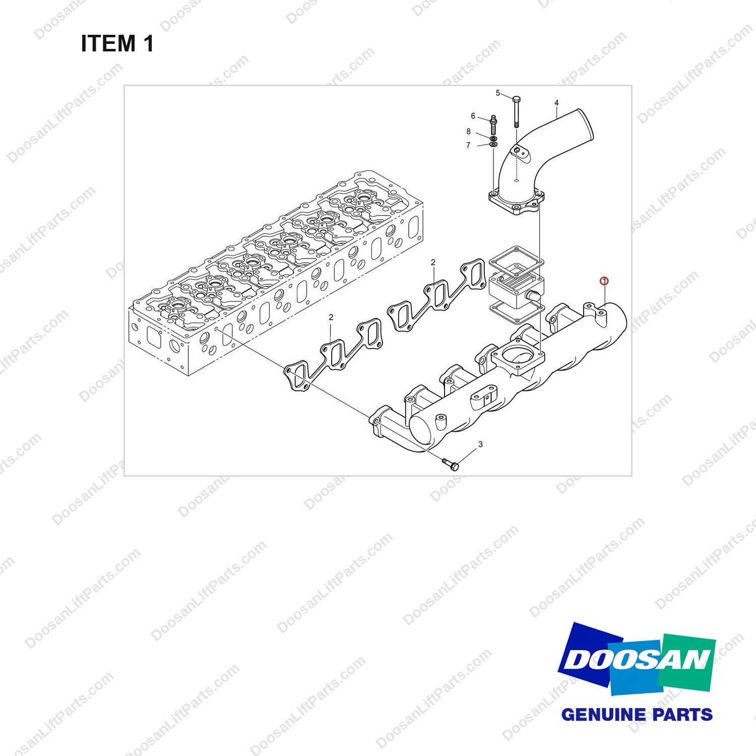 240203-00261 INTAKE MANIFOLD - full parts diagram, item 1 marked - genuine Doosan / Bobcat forklift part