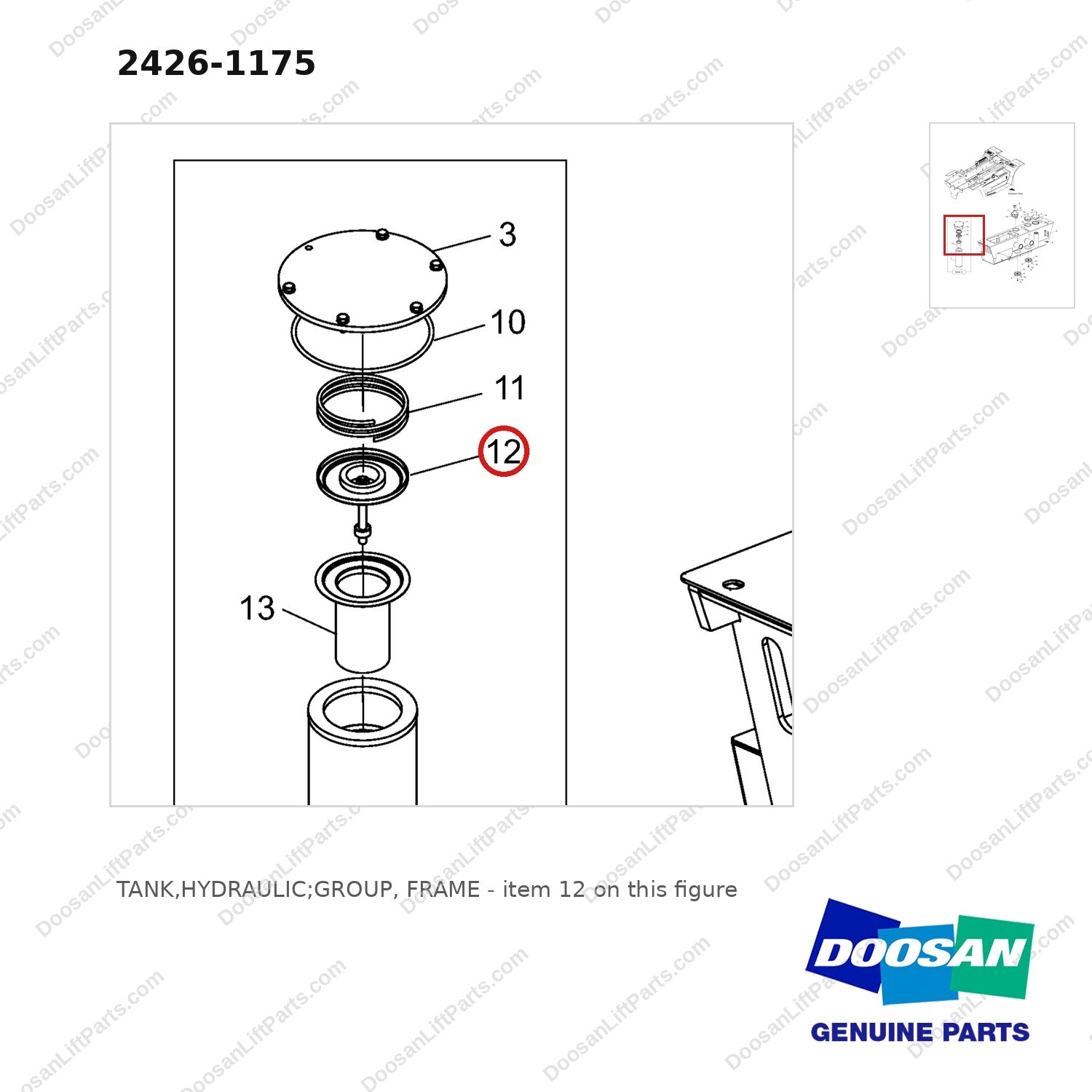 2426-1175 TANK,HYDRAULIC;GROUP, FRAME - parts diagram, item 12 shown - genuine Doosan / Bobcat forklift part