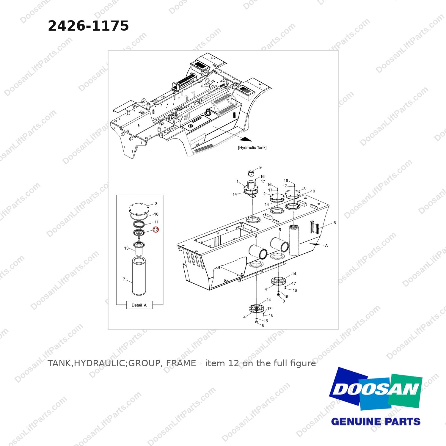 2426-1175 TANK,HYDRAULIC;GROUP, FRAME - full parts diagram, item 12 marked - genuine Doosan / Bobcat forklift part