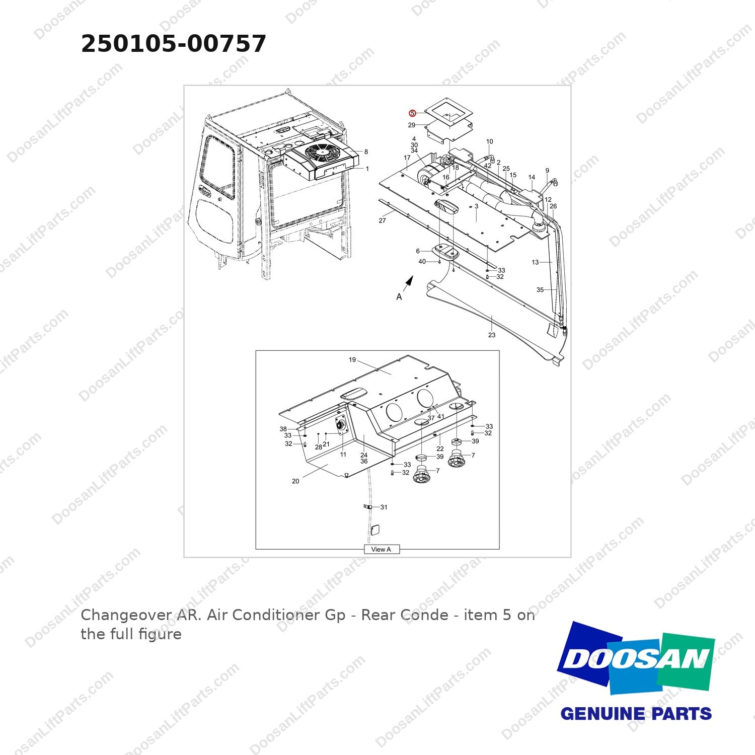 250105-00757 Changeover AR. Air Conditioner Gp - Rear Condenser - full parts diagram, item 5 marked - genuine Doosan / Bobcat forklift part