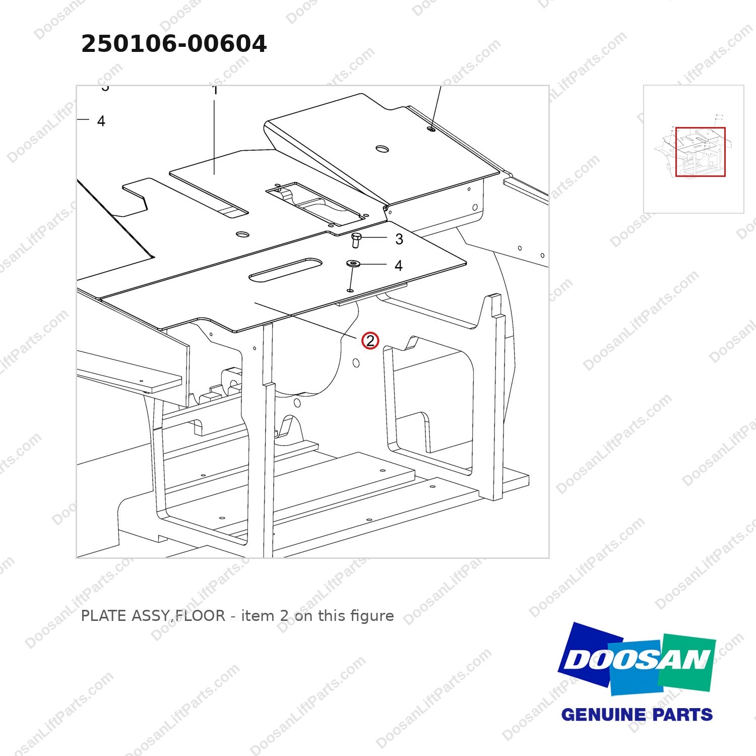 250106-00604 PLATE ASSY,FLOOR - parts diagram, item 2 shown - genuine Doosan / Bobcat forklift part