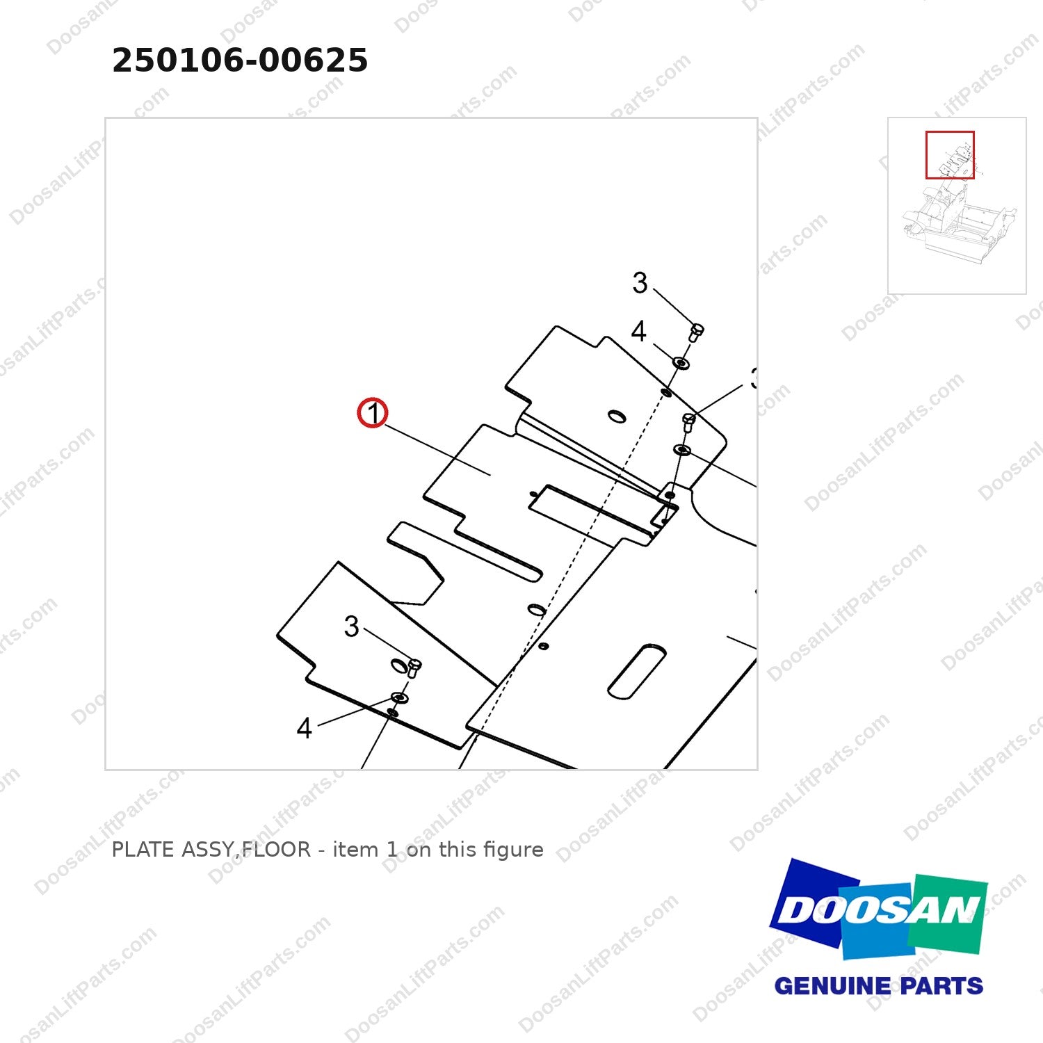 250106-00625 PLATE ASSY,FLOOR - parts diagram, item 1 shown - genuine Doosan / Bobcat forklift part