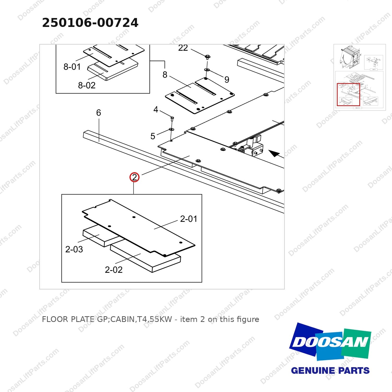 250106-00724 FLOOR PLATE GP;CABIN,T4,55KW - parts diagram, item 2 shown - genuine Doosan / Bobcat forklift part