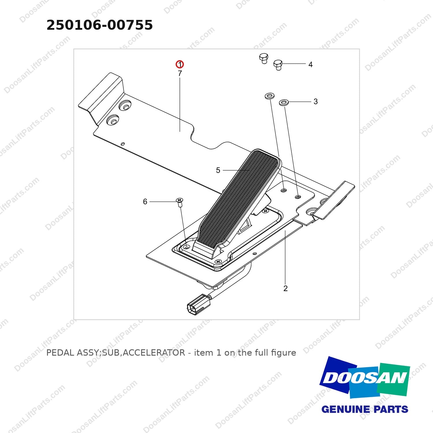 250106-00755 PEDAL ASSY;SUB,ACCELERATOR - full parts diagram, item 1 marked - genuine Doosan / Bobcat forklift part