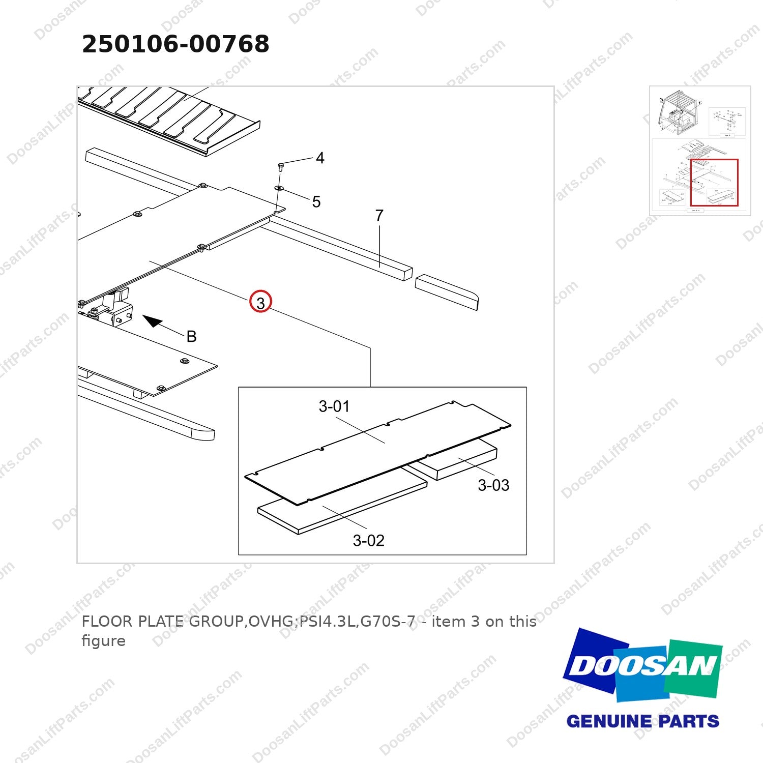 250106-00768 FLOOR PLATE GROUP,OVHG;PSI4.3L,G70S-7 - parts diagram, item 3 shown - genuine Doosan / Bobcat forklift part