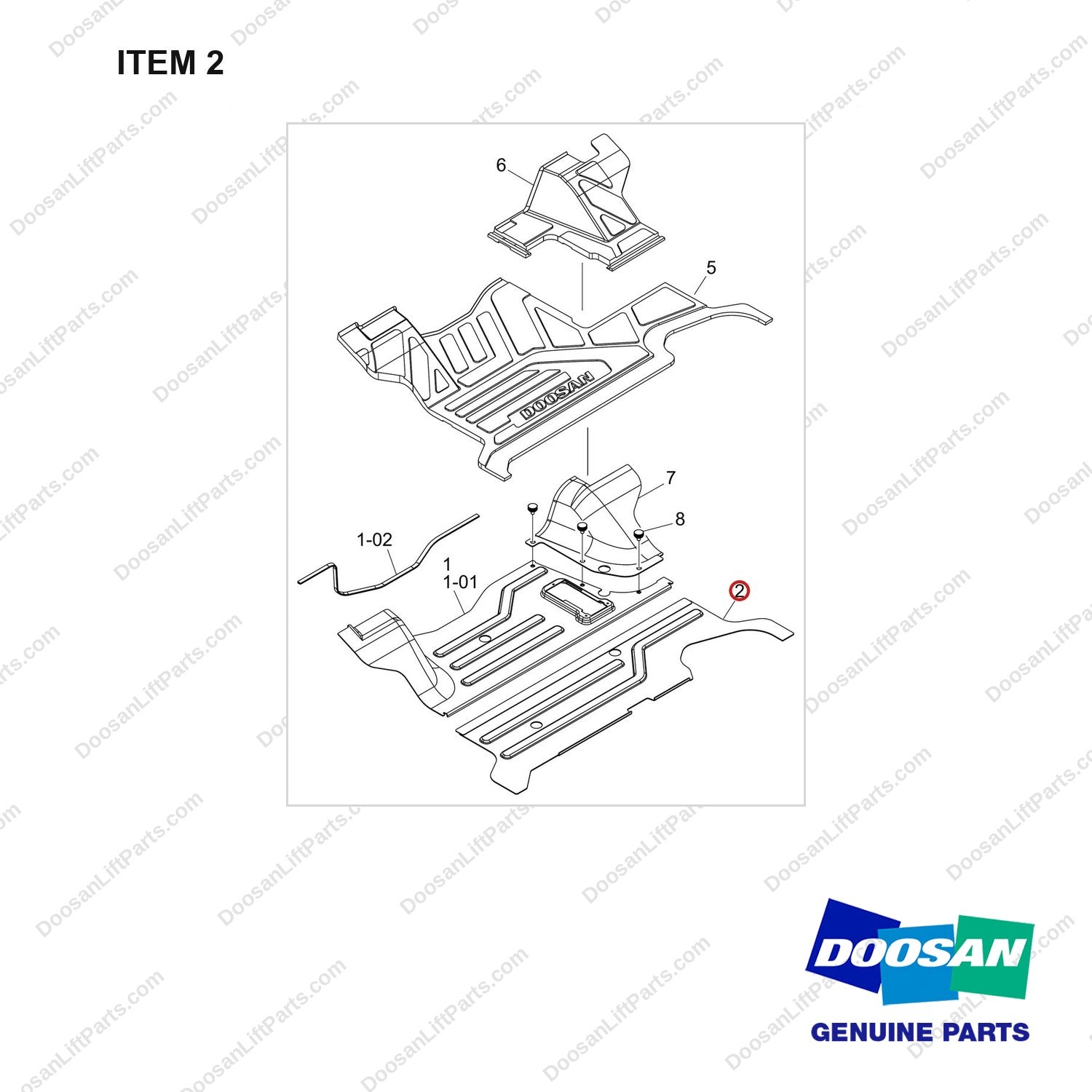 250106-01657 FLOOR PLATE GROUP;CABIN - full parts diagram, item 2 marked - genuine Doosan / Bobcat forklift part