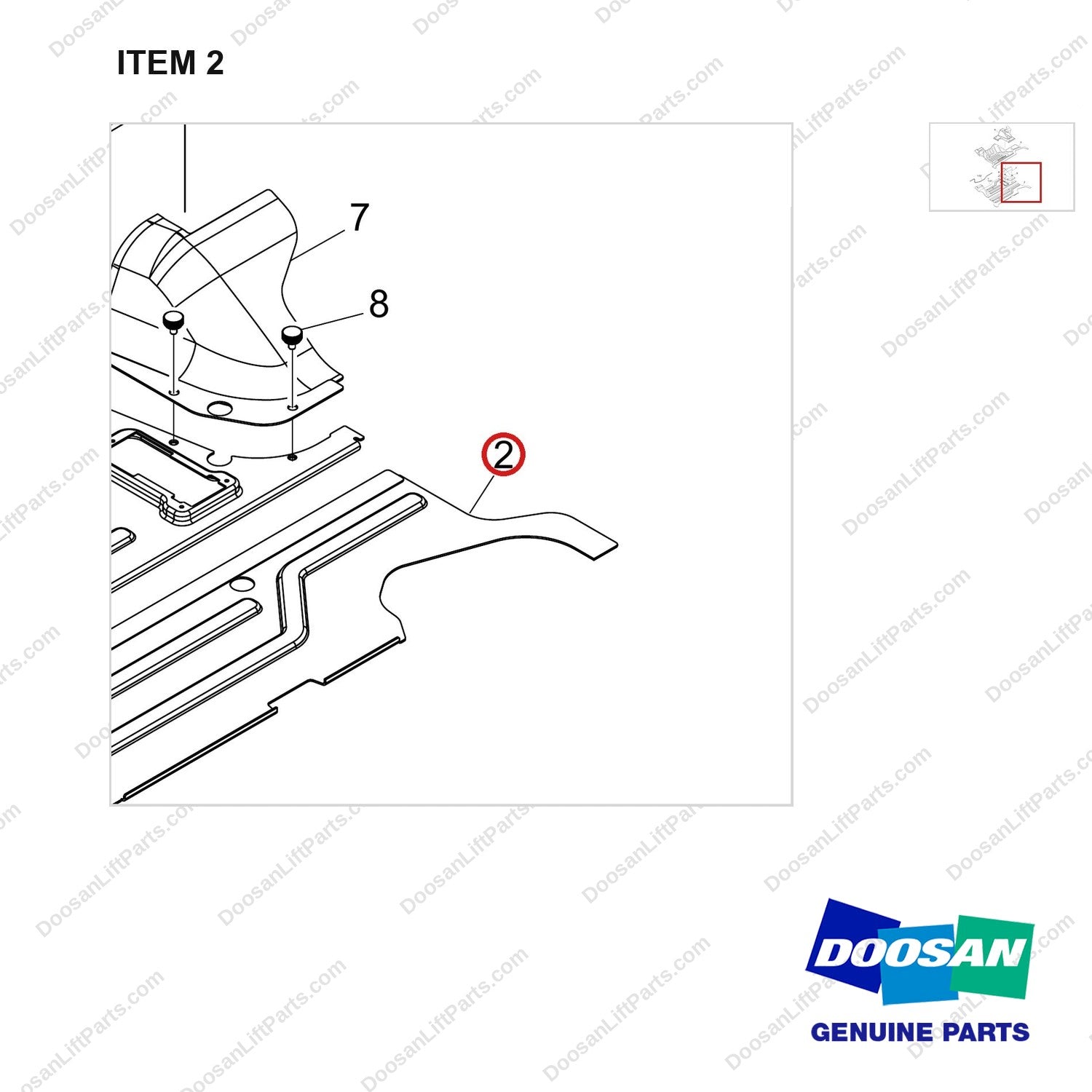 250106-01657 FLOOR PLATE GROUP;CABIN - parts diagram, item 2 shown - genuine Doosan / Bobcat forklift part