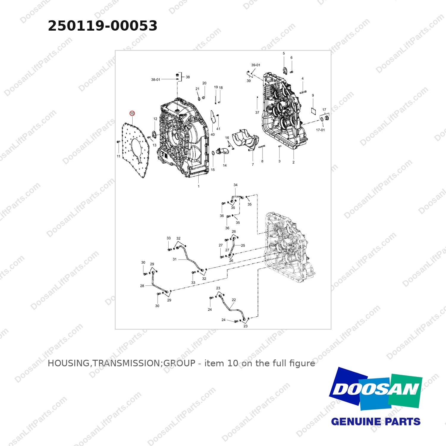 250119-00053 HOUSING,TRANSMISSION;GROUP - full parts diagram, item 10 marked - genuine Doosan / Bobcat forklift part