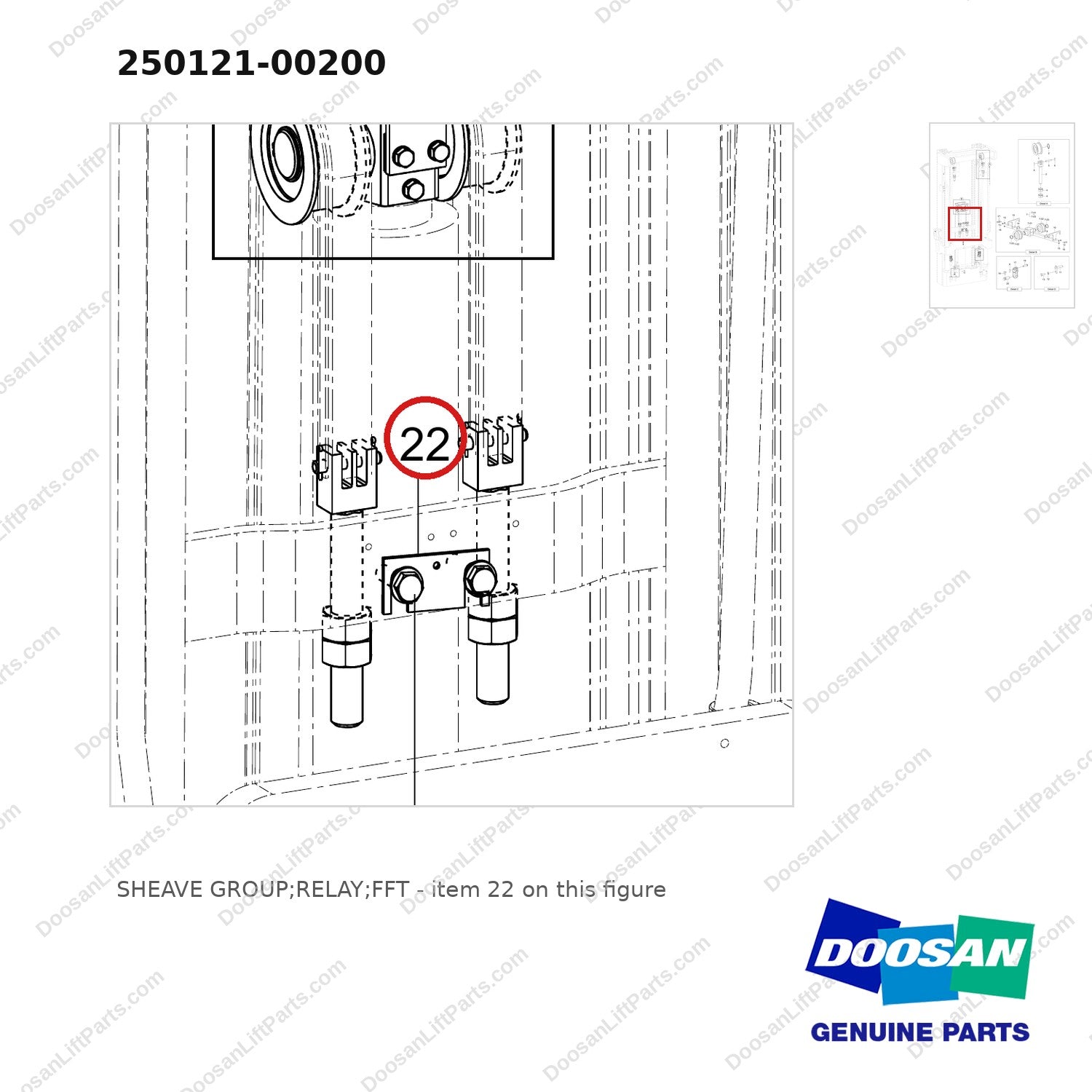 250121-00200 SHEAVE GROUP;RELAY;FFT - parts diagram, item 22 shown - genuine Doosan / Bobcat forklift part