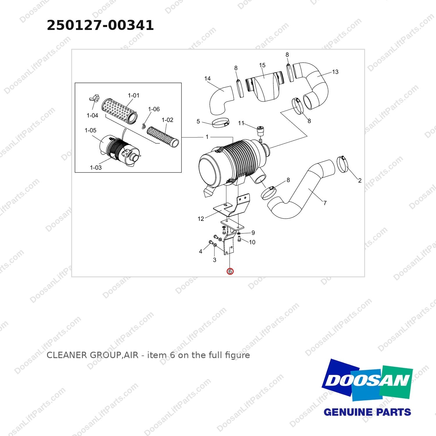 250127-00341 CLEANER GROUP,AIR - full parts diagram, item 6 marked - genuine Doosan / Bobcat forklift part