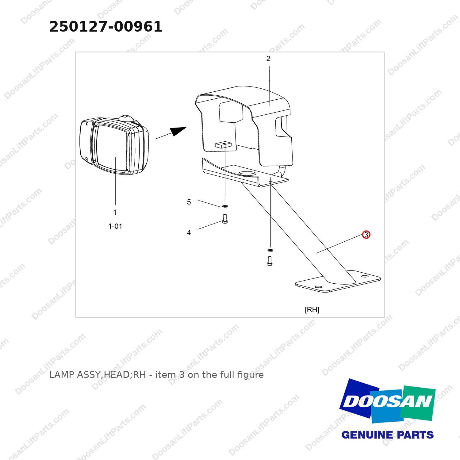 250127-00961 LAMP ASSY,HEAD;RH - full parts diagram, item 3 marked - genuine Doosan / Bobcat forklift part