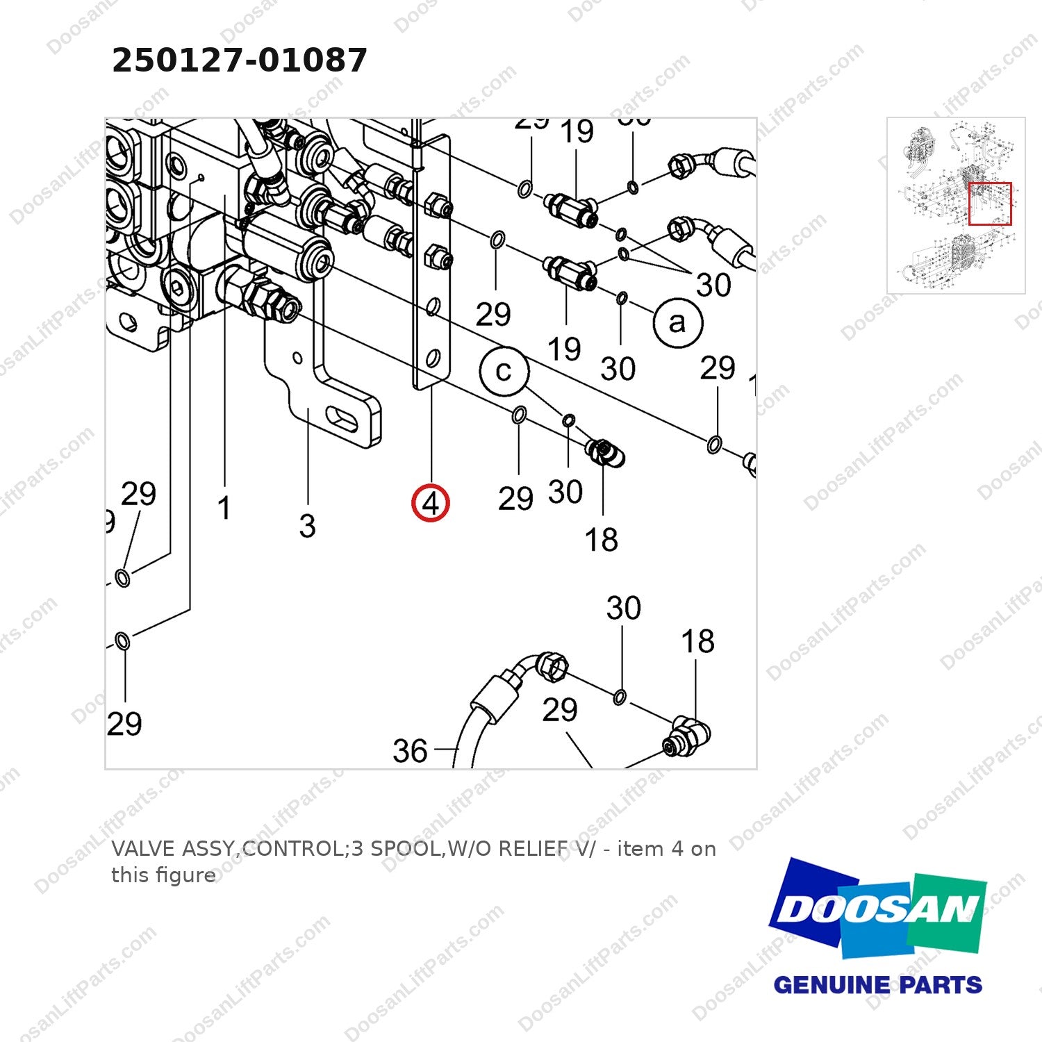 250127-01087 VALVE ASSY,CONTROL;3 SPOOL,W/O RELIEF V/ - parts diagram, item 4 shown - genuine Doosan / Bobcat forklift part