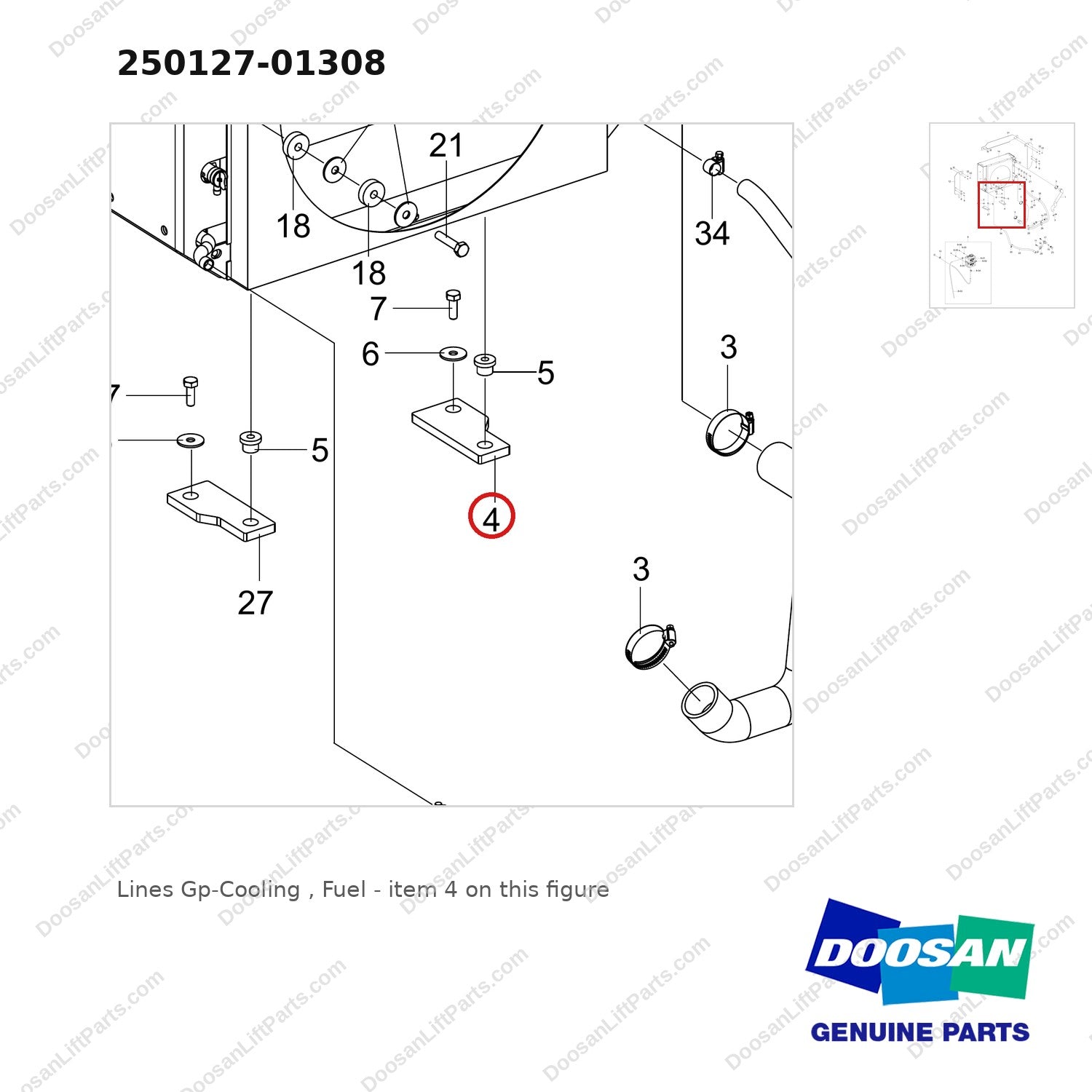 250127-01308 Lines Gp-Cooling , Fuel - parts diagram, item 4 shown - genuine Doosan / Bobcat forklift part
