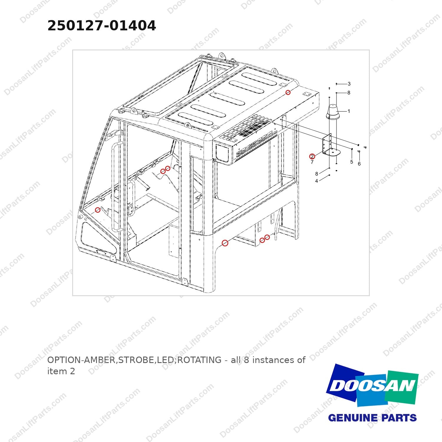 250127-01404 OPTION-AMBER,STROBE,LED;ROTATING - full parts diagram, item 2 marked - genuine Doosan / Bobcat forklift part