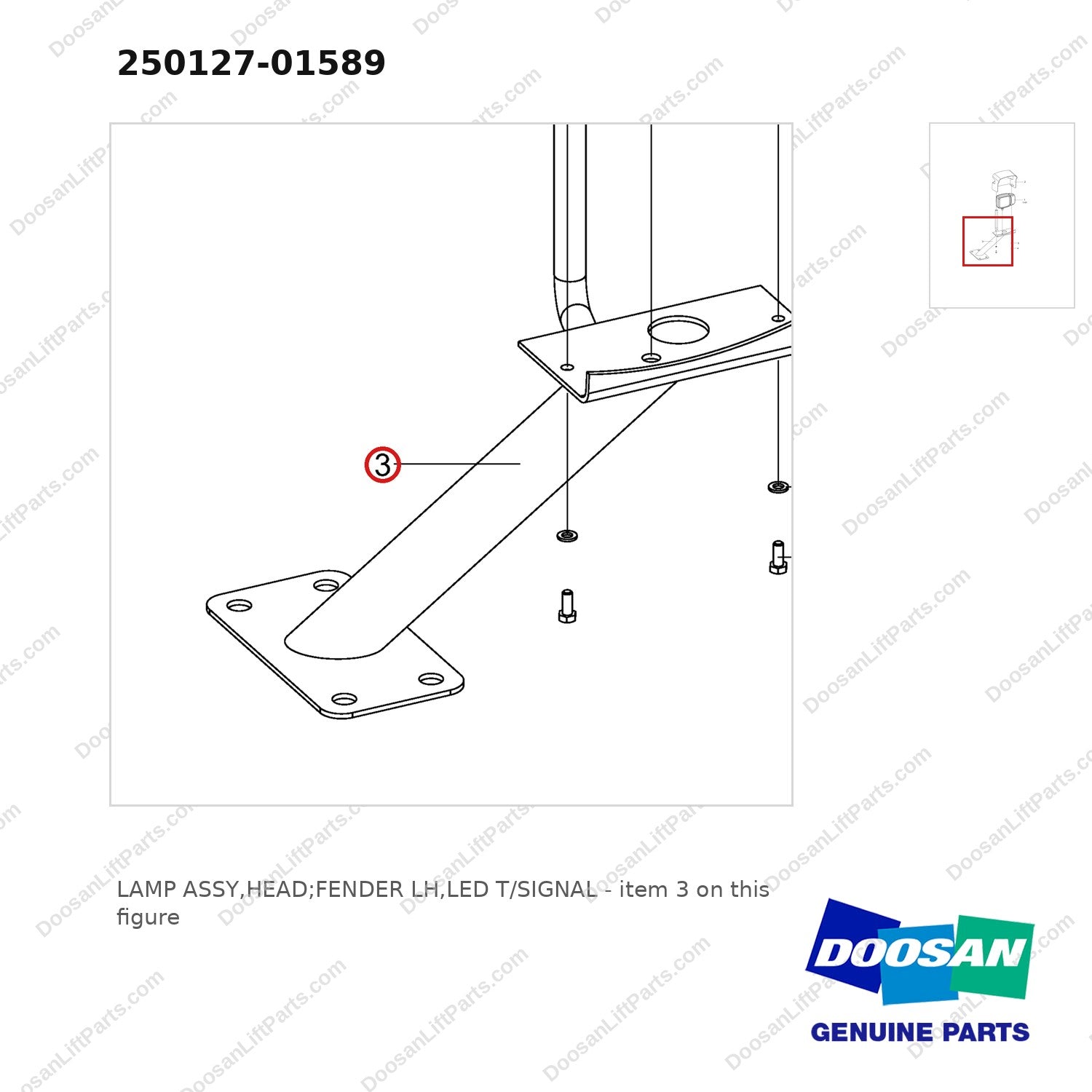 250127-01589 LAMP ASSY,HEAD;FENDER LH,LED T/SIGNAL - parts diagram, item 3 shown - genuine Doosan / Bobcat forklift part