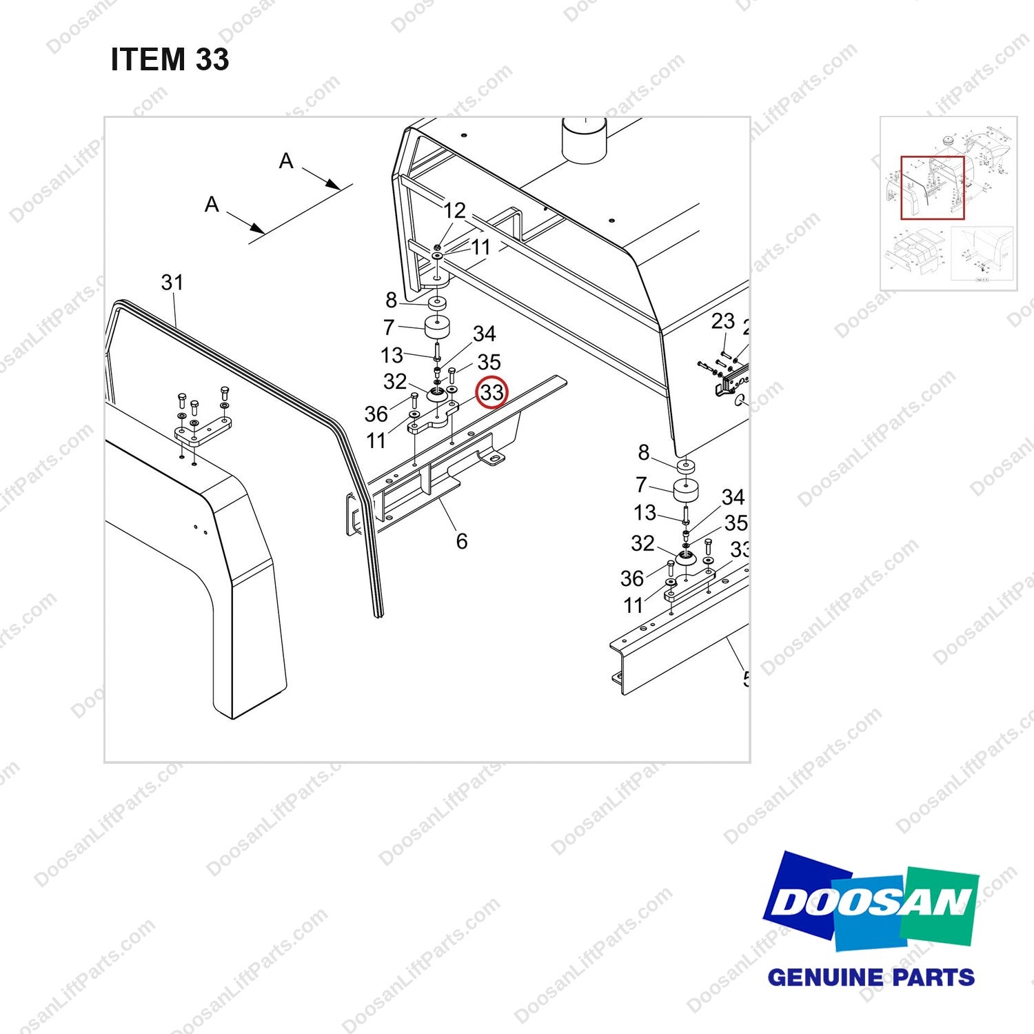 250127-02081 HOOD ASSY;D100/120S-9 - parts diagram, item 33 shown - genuine Doosan / Bobcat forklift part