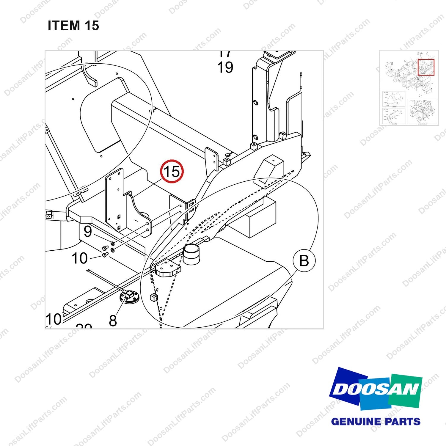 250127-02363 FRAME GP;55KW,UL DS,LIFT EYE,F/S - parts diagram, item 15 shown - genuine Doosan / Bobcat forklift part