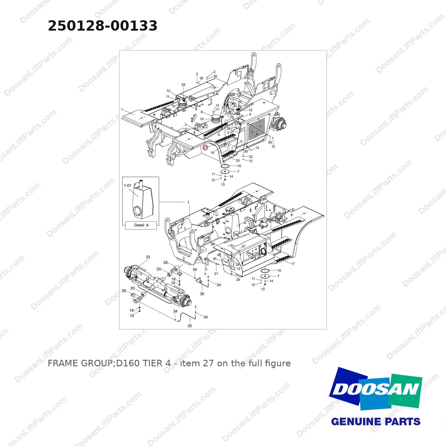 250128-00133 FRAME GROUP;D160 TIER 4 - full parts diagram, item 27 marked - genuine Doosan / Bobcat forklift part