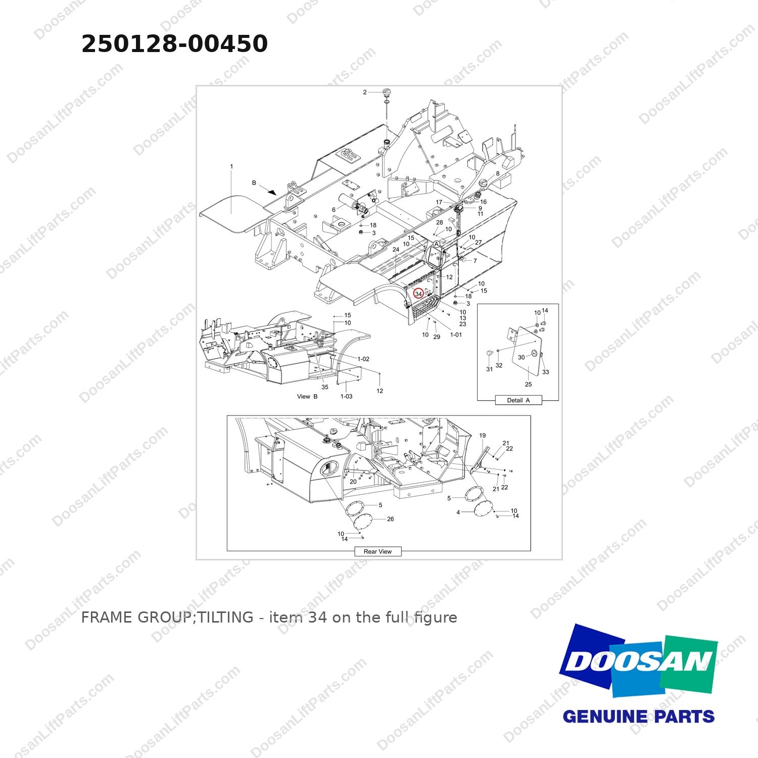 250128-00450 FRAME GROUP;TILTING - full parts diagram, item 34 marked - genuine Doosan / Bobcat forklift part