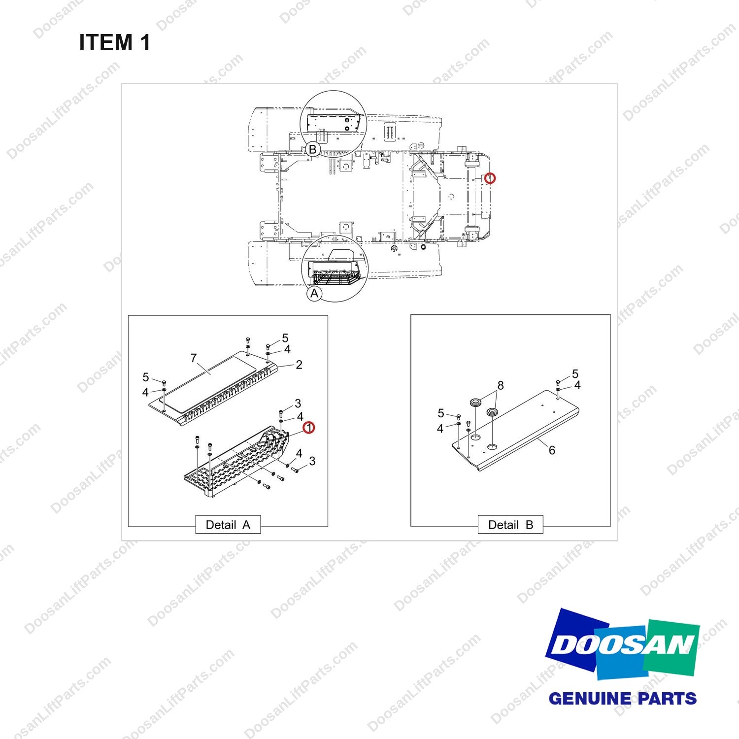 250128-00670 STEP PLATE GP;DOOSAN,W/ AIR COMPRESSOR - full parts diagram, item 1 marked - genuine Doosan / Bobcat forklift part