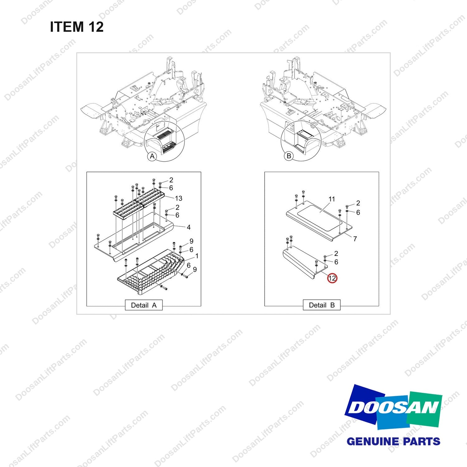 250128-00844 STEP PLATE GP;D80/90S-9 - full parts diagram, item 12 marked - genuine Doosan / Bobcat forklift part