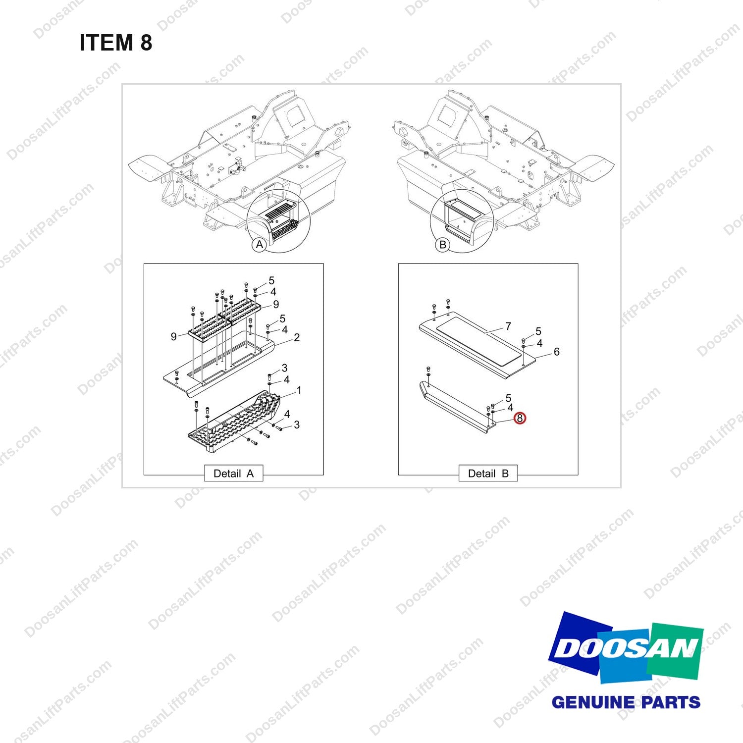 250128-00847 STEP PLATE GP;70S-9 - full parts diagram, item 8 marked - genuine Doosan / Bobcat forklift part
