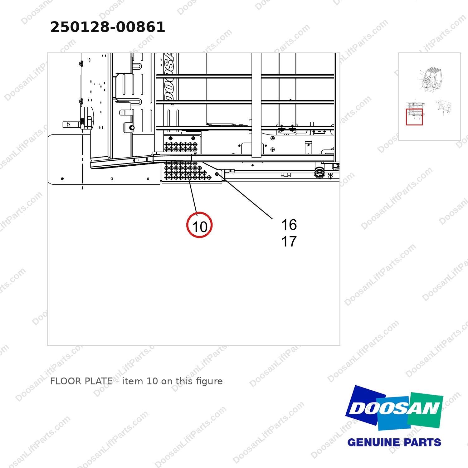 250128-00861 FLOOR PLATE - parts diagram, item 10 shown - genuine Doosan / Bobcat forklift part