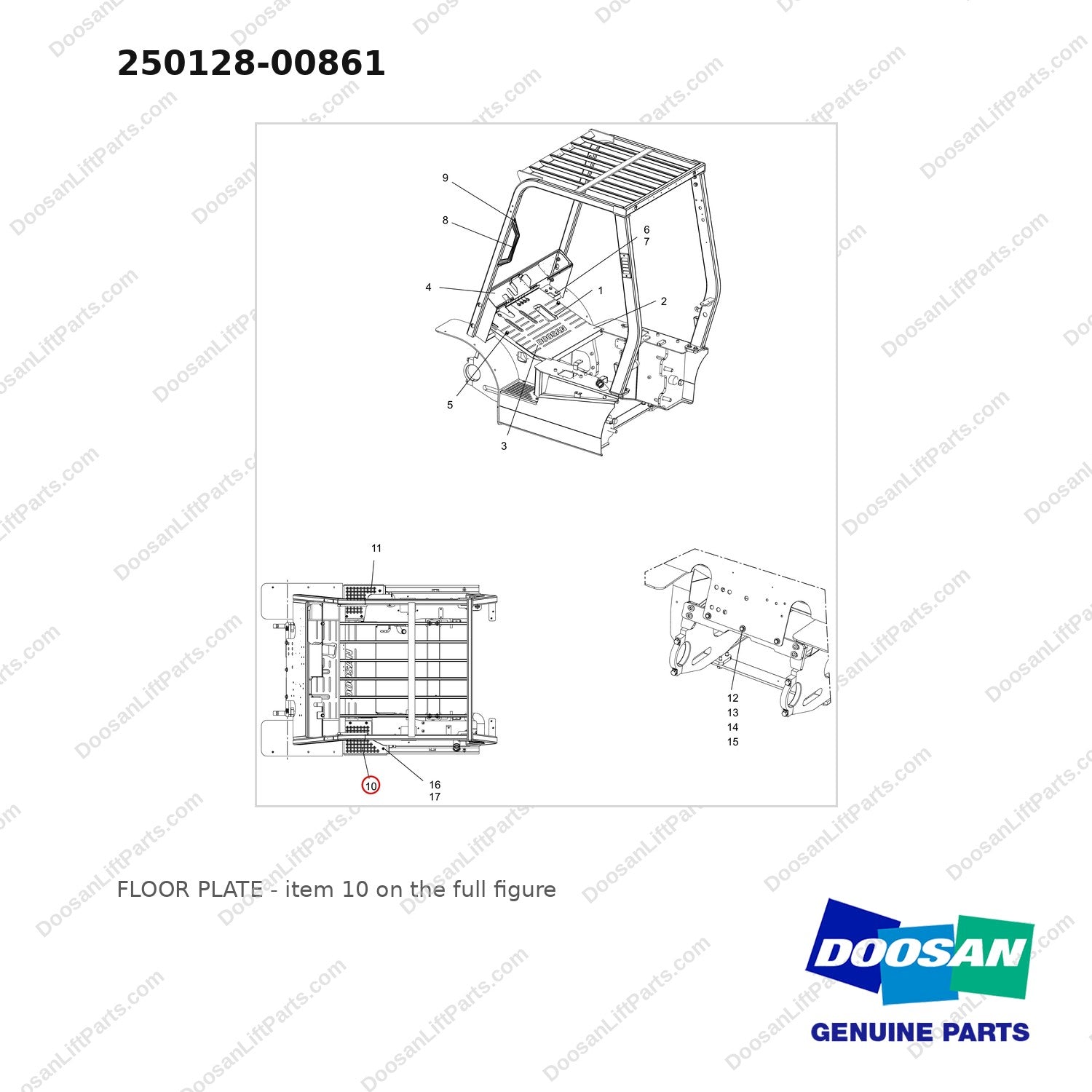 250128-00861 FLOOR PLATE - full parts diagram, item 10 marked - genuine Doosan / Bobcat forklift part