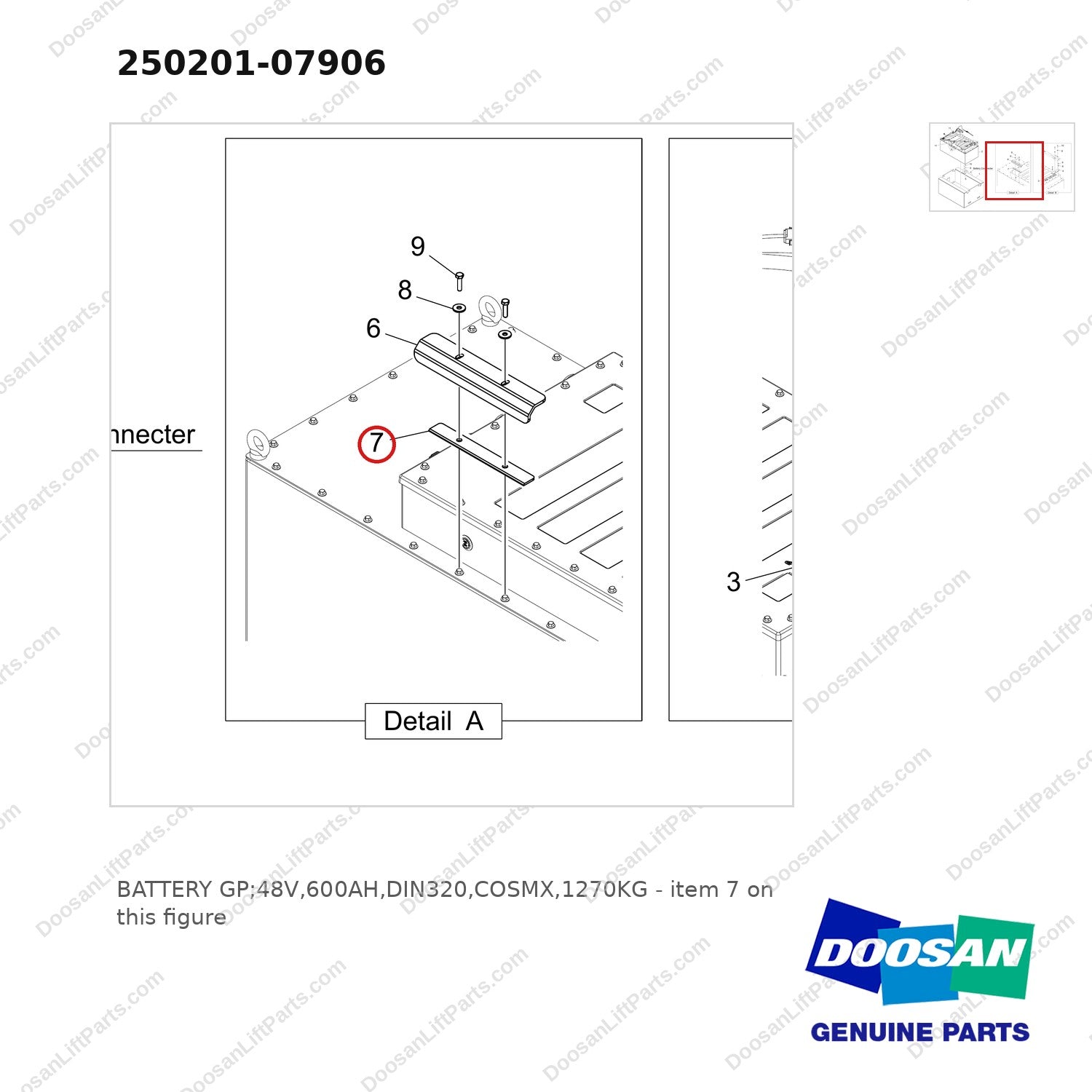 250201-07906 BATTERY GP;48V,600AH,DIN320,COSMX,1270KG - parts diagram, item 7 shown - genuine Doosan / Bobcat forklift part