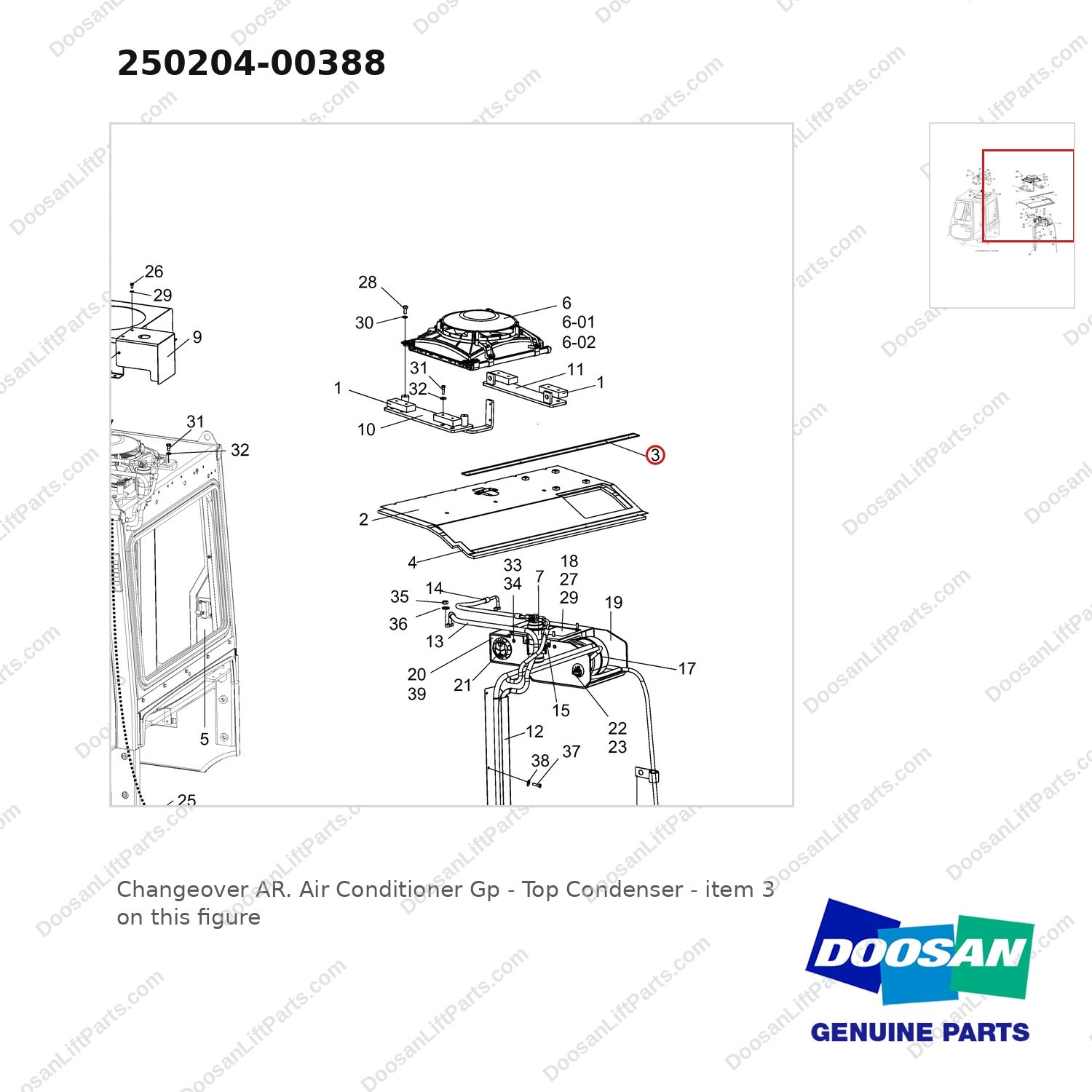 250204-00388 Changeover AR. Air Conditioner Gp - Top Condenser - parts diagram, item 3 shown - genuine Doosan / Bobcat forklift part