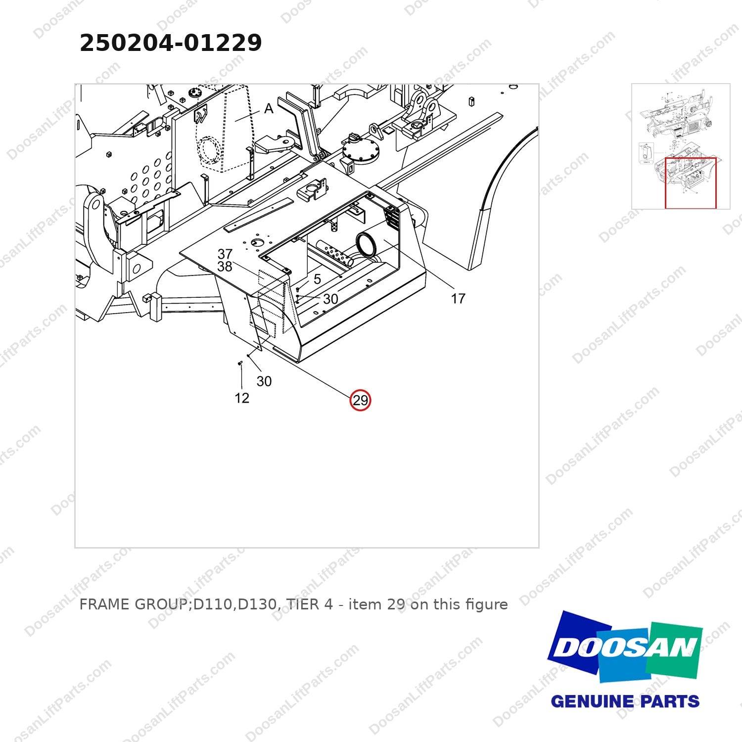250204-01229 FRAME GROUP;D110,D130, TIER 4 - parts diagram, item 29 shown - genuine Doosan / Bobcat forklift part